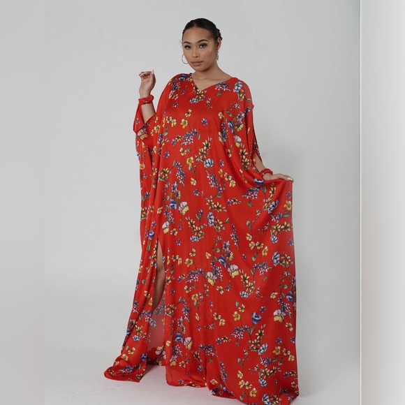 Red Multicolor Handmade Floral Print Oversized Maxi Kaftans Dress - Picture 6 of 7